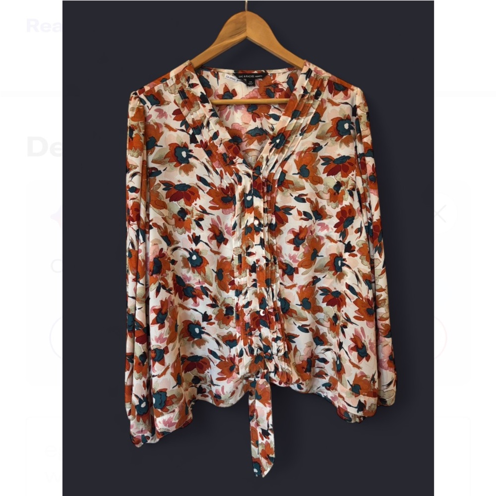 Zac & Rachel Orange and Brown Long Sleeve Blouse with Tie Front